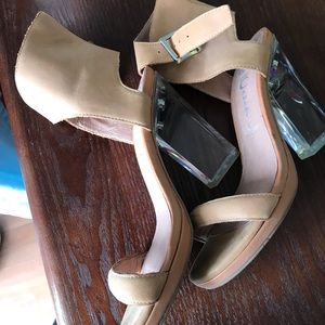 Jeffrey Campbell camel sandals with lucite heel